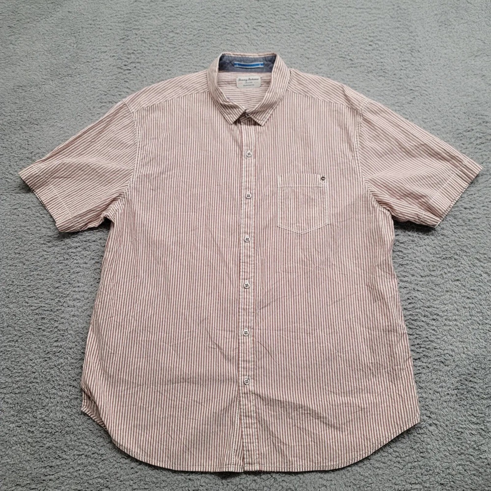 Tommy Bahama Shirt Mens Large White Brown Striped Distressed Button Beach Casual
